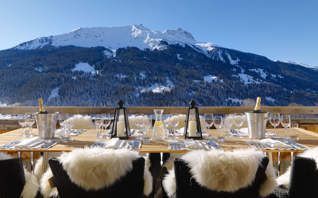 Ski Chalet Dining with view of the Alps