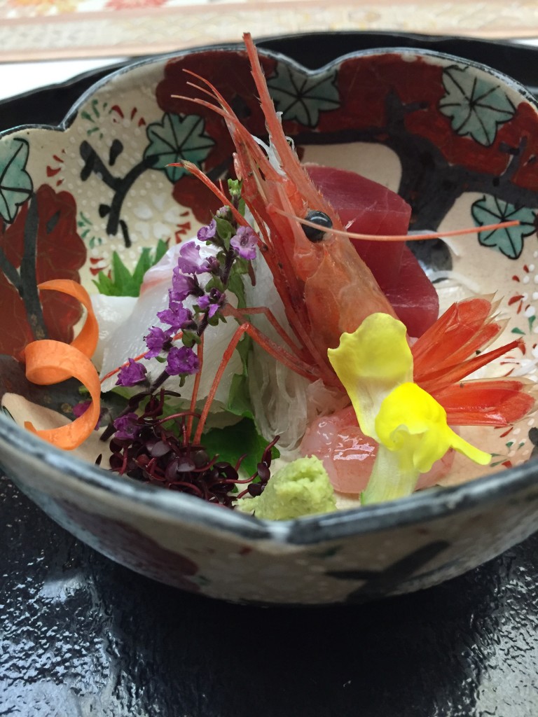 Lunch feast in Kanazawa, Japan showing a bowl of seafood