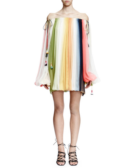 Chloe Off-the-Shoulder Rainbow-Striped Tunic Dress