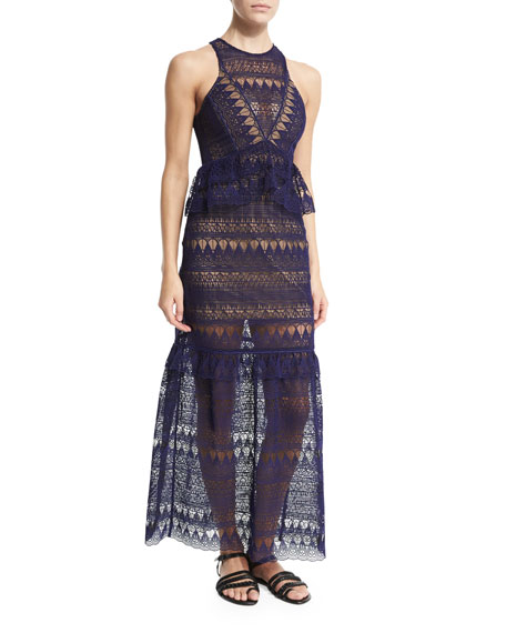 Self Portrait Sleeveless Teardrop Lace Maxi Dress, Navy