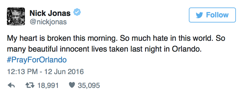 Nick Jonas tweets support for Orlando