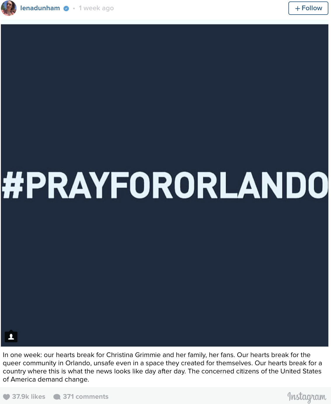 Lena Dunham Posts On Instagram In Response to Orlando
