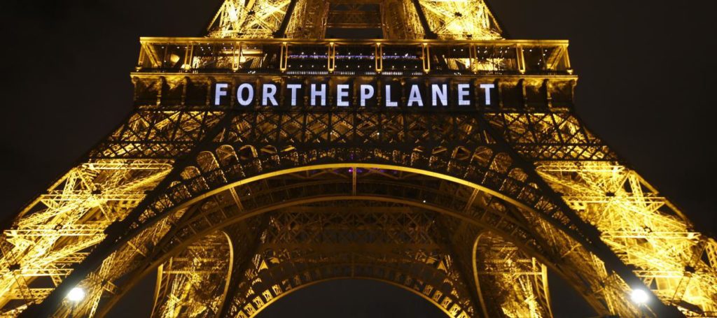 Paris Climate Agreement Sign on Eiffel Tower