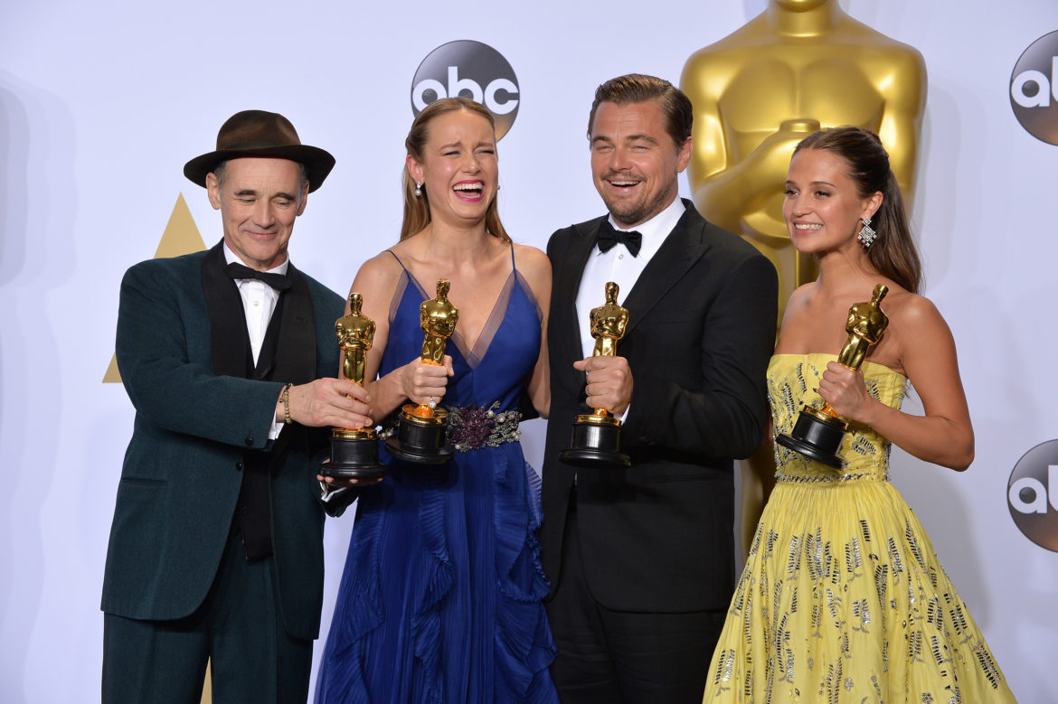 LOS ANGELES, CA - FEBRUARY 28, 2016: Mark Rylance, Brie Larson, Leonardo DiCaprio & Alicia Vikander at the 88th Academy Awards at the Dolby Theatre, Hollywood.
